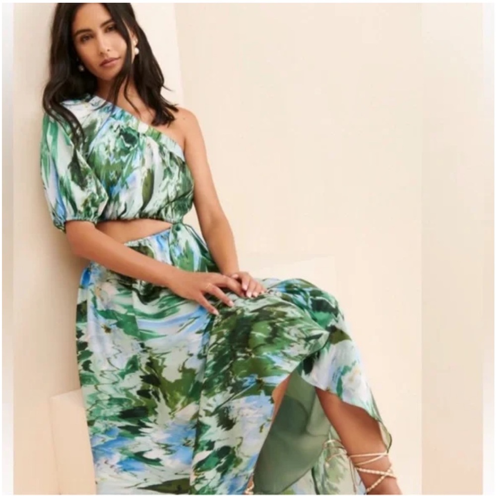 ML MONIQUE LHUILLIER One-shoulder cutout printed satin-twill midi dress